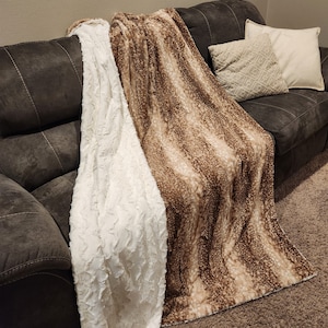 HANDMADE Fawn/Deer Cappuccino with Ivory LUXE cuddle MINKY material, Brown and white, adult blanket, 100% polyester, Made to order