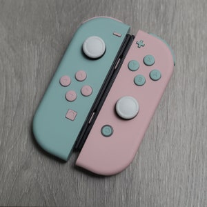 May include: A pink and blue Nintendo Switch Joy-Con controller with white buttons. The controller is in a closed position, with the left Joy-Con on the top and the right Joy-Con on the bottom.