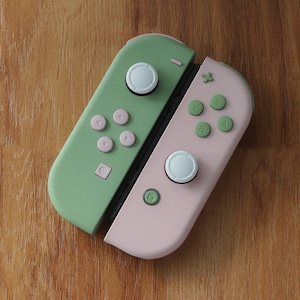May include: A green and pink Nintendo Switch controller with white buttons. The controller has a directional pad, four face buttons, and two analog sticks.