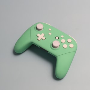 May include: A mint green Nintendo Switch controller with white buttons. The controller has a plus sign button, a home button, and four buttons on the right side.