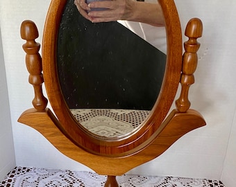 Vintage Hand Carved Wood Vanity Swivel Make-up or Shaving Mirror