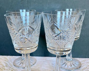 Mid-Century Cut Crystal Pattern Wine Glasses Set of Four (4)