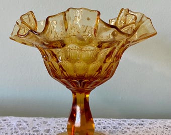 Fenton Amber Thumbprint Handkerchief Compote Dish
