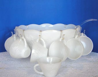 Anchor Hocking Milk Glass Grape Pattern Punch Bowl Set