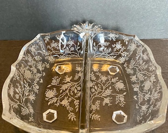 Fostoria Chintz # 338 Etched Baroque Divided Relish or Sauce Bowl