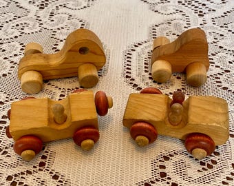 Hand Carved Wood Four (4) Small Toy Cars Montgomery Schoolhouse