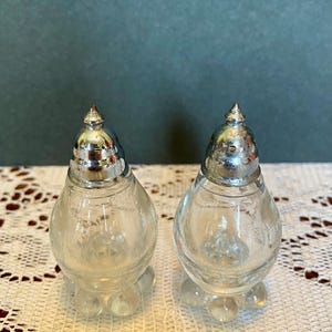 May include: A pair of clear glass salt and pepper shakers with silver-colored metal lids. The shakers have a rounded body and sit on three small, clear glass feet. The lids are cone-shaped with a small pointed top.