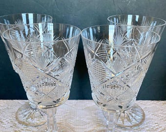 Mid-Century Cut Crystal Pattern Water Goblets Set of Fout (4)