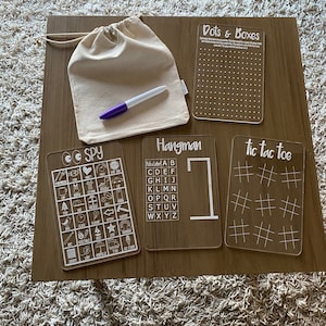 Dry Erase Game Boards. Tic Tac Toe. Dots and Boxes. I Spy. Hangman. Home-school Activities. Stocking Stuffer. Kids Games. Christmas Gift.