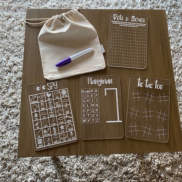 Dry Erase Game Boards. Tic Tac Toe. Dots and Boxes. I Spy. Hangman. Home-school Activities. Stocking Stuffer. Kids Games. Christmas Gift.