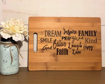 Cutting Board. Engraved Cutting Board. Word Collage. Personalized Cutting Board. Wedding Gift. Housewarming Gift. Love. Faith. Family.