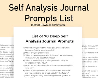 Peut inclure: Une liste imprimable de 70 invites de journal d'auto-analyse pour la croissance personnelle et la réflexion. La liste comprend des questions sur les relations, les réalisations, le stress et les habitudes.