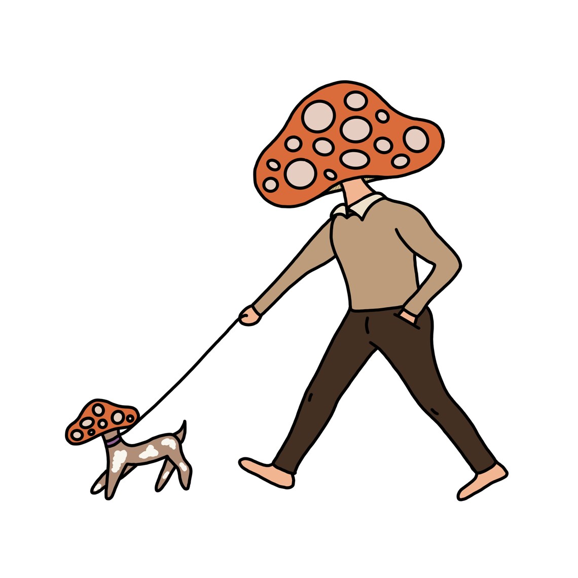 Mushroom Man Walking Mushroom Dog, Mushroom Art Print, Trippy Wall Art