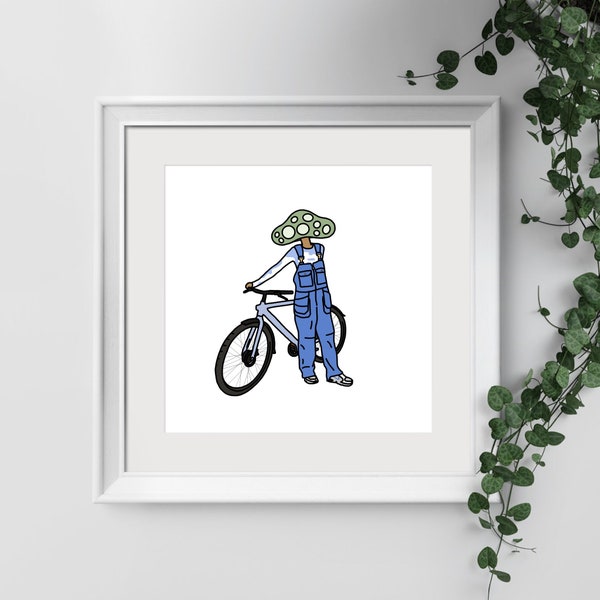 Mushroom Person with Bike PRINTABLE Drawing Trippy Psychedelic Fantasy Wall Art Cottagecore Forestcore Botanical Fungi Surreal Artwork
