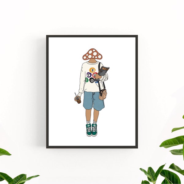 Mushroom Person with Trendy Sweatshirt Art, Fashion Art Print, Trippy Wall Art, Funky Mushroom Poster, Downloadable Digital Print