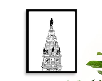 Philadelphia City Hall Art, Philly City Hall Line Drawing, Minimal Wall Art