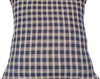 May include: A blue and white checkered throw pillow. The pillow is made of a soft, woven fabric and has a square shape.
