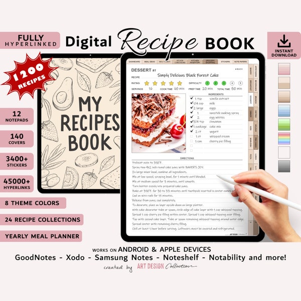 LIVRE DE RECETTES numérique, planificateur GoodNotes, planificateur pour iPad, planificateur de notabilité, repas annuel, planificateur numérique, livre de recettes