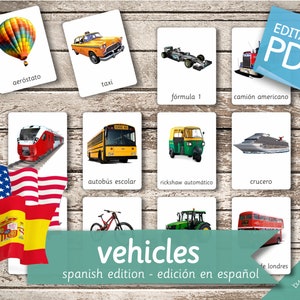 VEHICLES SPANISH Edition • 62 Spanish and 62 English Montessori Cards • FlashCards Editable Pdf Printable Cards Transportation Car preschool