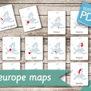 EUROPE MAPS • 57 Editable Montessori Cards • Flash Cards  Nomenclature FlashCards  Editable Pdf Printable Cards preschool Toys