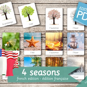 4 SEASONS FRENCH Edition • 36 French and 36 English Editable Montessori Cards • Flash Cards Pdf preschoolCards Spring Summer Autumn Winter