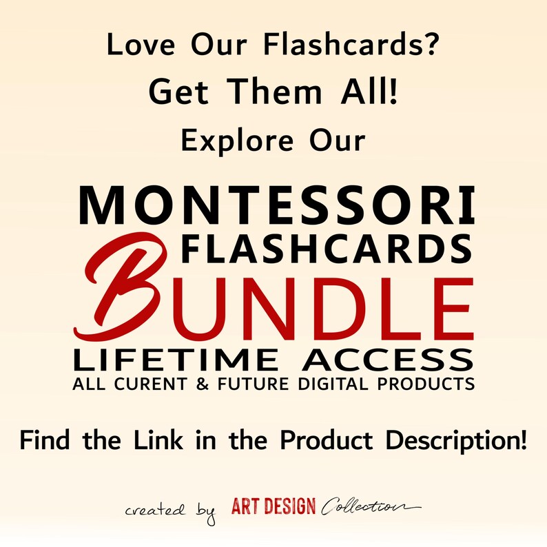 May include: A digital product advertisement for a Montessori flashcards bundle. The text reads "Love Our Flashcards? Get Them All! Explore Our MONTESSORI FLASHCARDS BUNDLE LIFETIME ACCESS ALL CURRENT & FUTURE DIGITAL PRODUCTS Find the Link in the Product Description! created by ART DESIGN Collection."