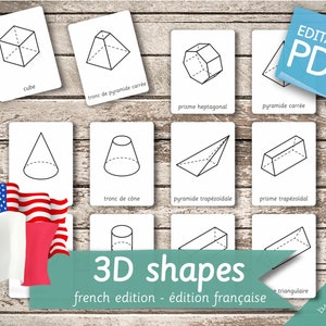 FORMAS GEOMÉTRICAS 3D Edición en FRANCÉS • 20 tarjetas Montessori editables en francés y 20 en inglés • Tarjetas didácticas con nomenclatura en formato PDF para niños en edad preescolar