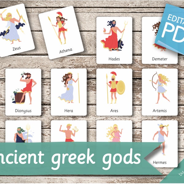 ANCIENT GREEK GODS • 12 Editable Montessori Cards • Flash Cards Nomenclature FlashCards Pdf Printable Cards preschool toys Greek Mythology