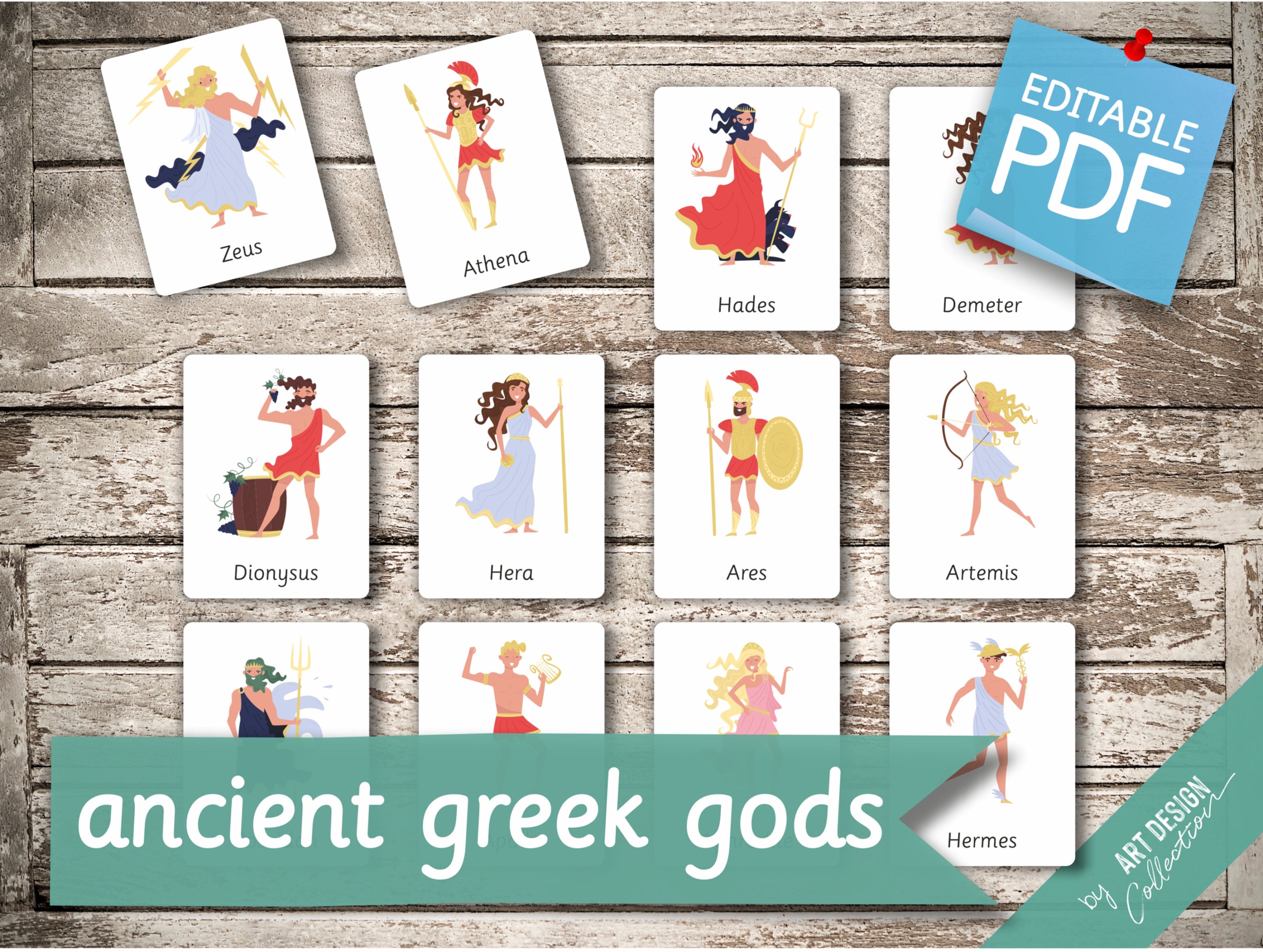 ancient greek gods 12 editable montessori cards flash etsy