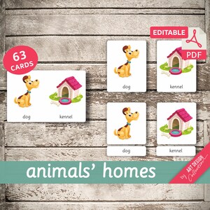 ANIMALS' HOME • 63 Montessori Cards • Flash Cards  Nomenclature FlashCards  Editable Pdf Printable Cards preschool