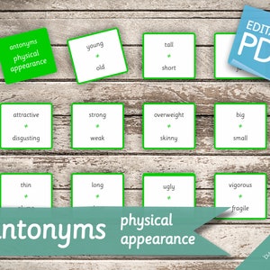 ANTONYMES Aspect physique • 19 cartes Montessori • Cartes Flash Cartes Flash de nomenclature Pdf modifiables Cartes imprimables préscolaire
