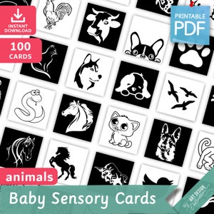 100 BABY SENSORY CARDS • Animals Montessori Cards • High contrast sensory cards Black & White Shapes for Babies Pdf Printable Cards