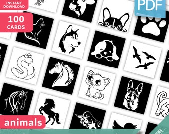 100 BABY SENSORY CARDS • Animals Montessori Cards • High contrast sensory cards Black & White Shapes for Babies Pdf Printable Cards