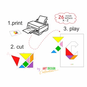 Cartas do alfabeto Tangram, jogo de aprendizagem Montessori, quebra-cabeça de brinquedo Tangram, impressão, download, alfabeto Tangram Montessori, PDF para impressão, pré-escola