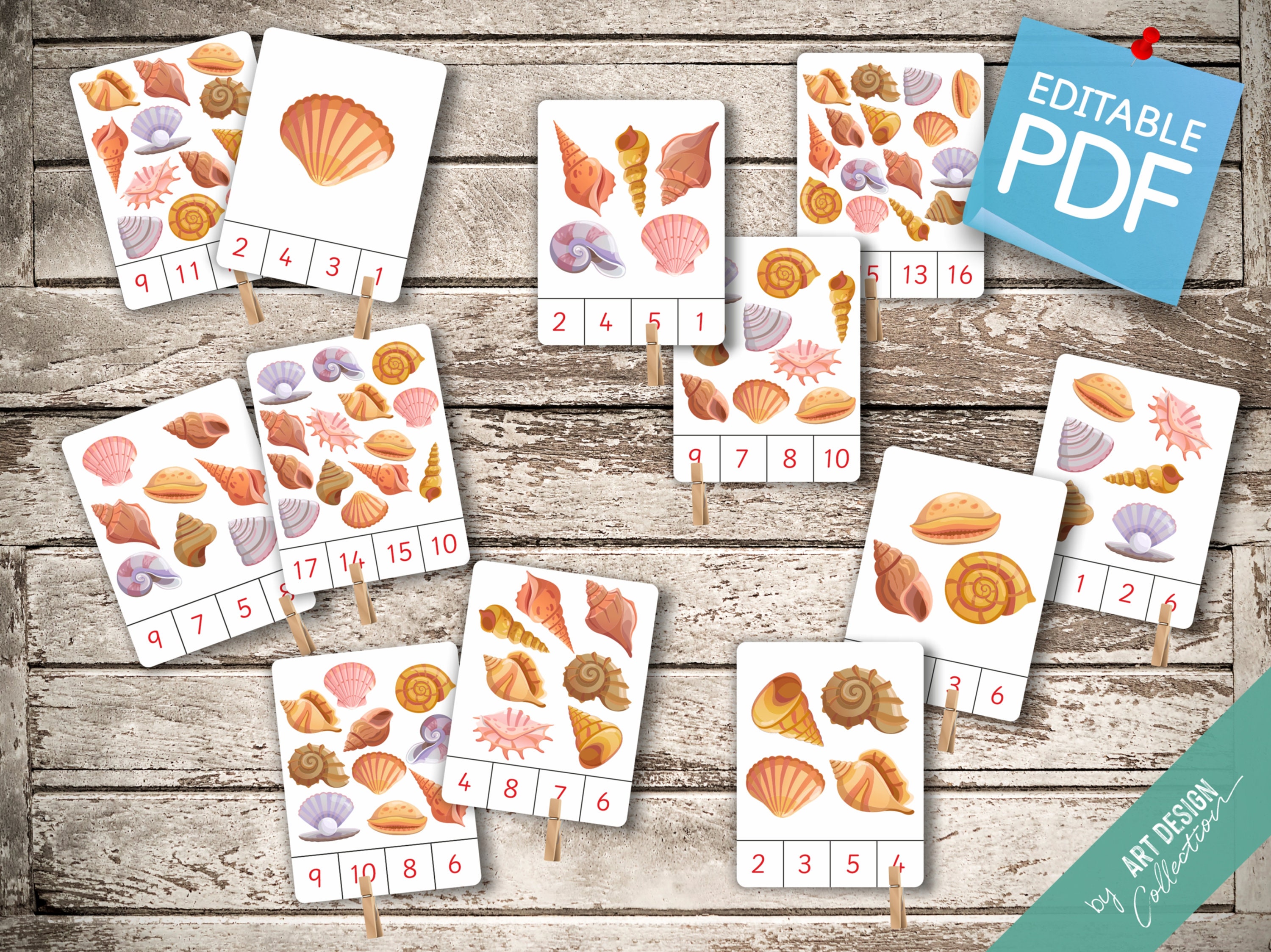 COUNTING SHELLS (1 to 20) • 20 Editable Montessori Cards • Flash Cards ...