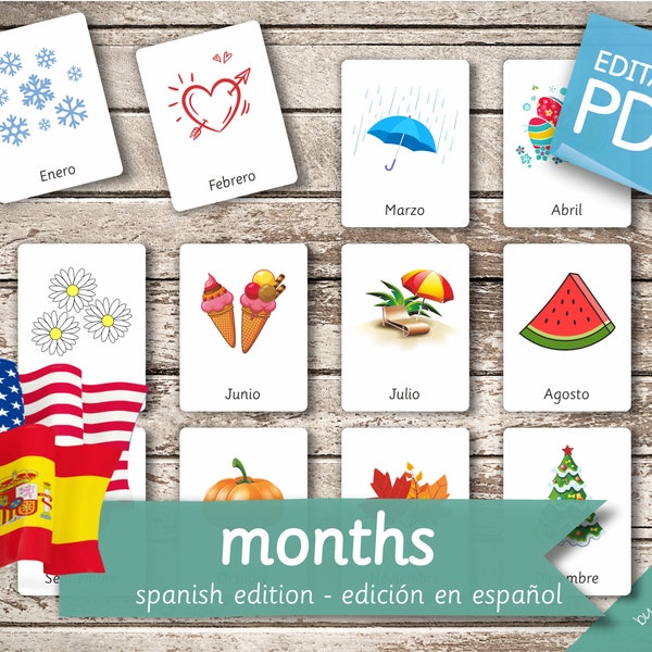 MONTHS SPANISH Edition • 60 Spanish and 60 English Editable Montessori Cards • Flash Cards Nomenclature Cards Pdf preschool Printable Toys