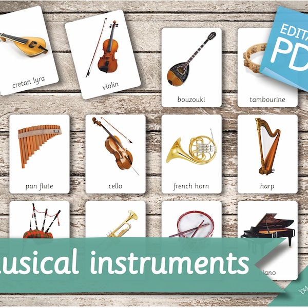 INSTRUMENTS DE MUSIQUE • 32 cartes Montessori modifiables • Flash Cards Nomenclature FlashCards PDF Cartes imprimables jouets préscolaires