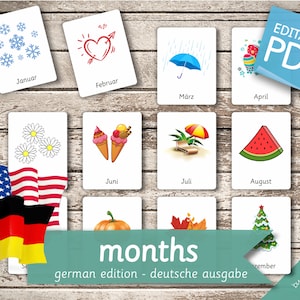 MONTHS GERMAN Edition • 60 German and 60 English Editable Montessori Cards • Flash Cards Nomenclature Cards preschool Pdf Printable Toys