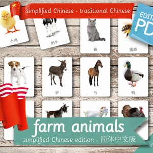 FARM ANIMALS CHINESE Edition • 22 Simplified Chinese 22 Traditional Chinese and 22 English Editable Montessori Cards Flash Cards preschool