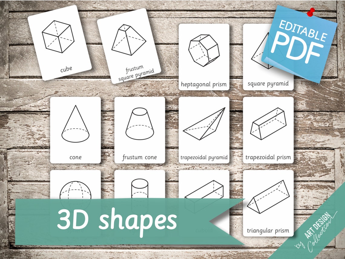 3d Geometric Shapes 20 Editable Montessori Cards Flash Etsy