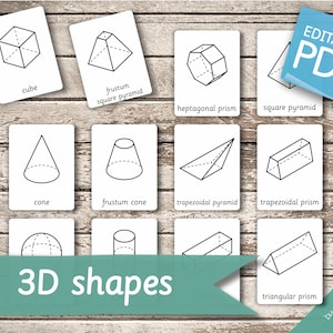 GEOMETRISCHE 3D VORMEN • 20 bewerkbare montessorikaarten • Flash-kaarten Nomenclatuur Flash-kaarten Bewerkbare pdf-afdrukbare kaarten kleuterschool