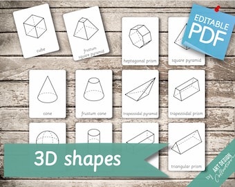 Könnte beinhalten: Ein Satz druckbarer Karteikarten mit Schwarzweißillustrationen von 3D-Geometrieformen, darunter ein Würfel, eine quadratische Pyramide, ein siebeneckiges Prisma, ein Kegel, ein Kegelstumpf, eine Trapezpyramide, ein Trapezprisma und ein dreieckiges Prisma. Jede Karte enthält den Namen der Form.