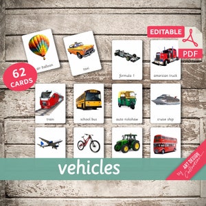 VEHICLES 62 Montessori Cards Flash Cards Nomenclature FlashCards Editable Pdf Printable Cards Transportation Car preschool image 1