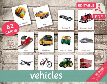 VEHICLES • 62 Montessori Cards • Flash Cards  Nomenclature FlashCards  Editable Pdf Printable Cards Transportation Car preschool