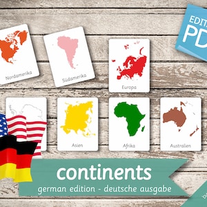 CONTINENTS of the WORLD GERMAN Edition • 8+8+8 German and English Editable Montessori Cards • Flash Cards preschool Pdf Printable Toys