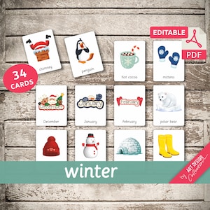 WINTER • 34 Montessori Cards • Flash Cards Nomenclature FlashCards Editable PDF Printable Cards Montessori Toys preschool Busy Books Seasons