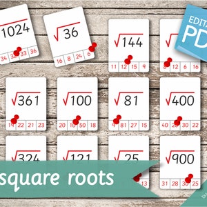 SQUARE ROOTS Maths • 32 cartes Montessori • Flash Cards Nomenclature FlashCards Pdf modifiables imprimables Cartes préscolaire