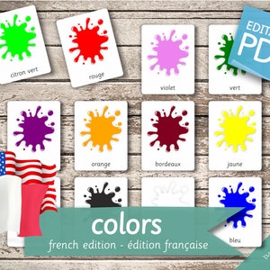 COLORS FRENCH 版 • 20 枚のフランス語と 20 枚の英語の編集可能なモンテッソーリ カード • フラッシュ カード 命名法カード PDF 印刷可能なカード 幼稚園