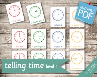 TELLING TIME (level 1) • 48 Editable Montessori Cards • Time Flash Cards  Nomenclature FlashCards   preschool PDF Printable Clock Cards toys