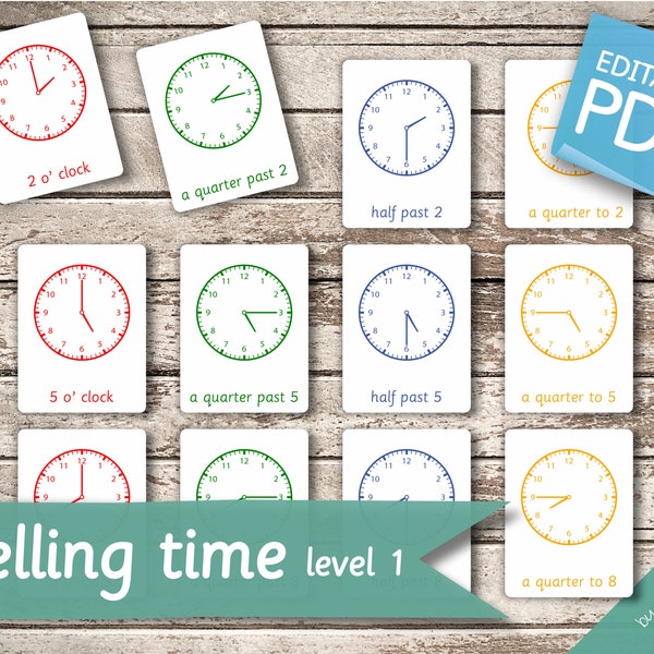 TELLING TIME (livello 1) • 48 carte Montessori modificabili • Flash Card tempo Nomenclatura FlashCard prescolare PDF Carte orologio stampabili giocattoli